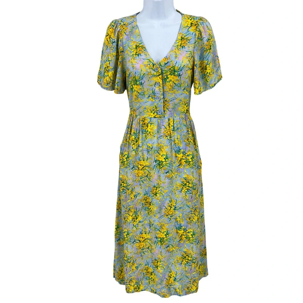 & Other Stories Midi Dress Womens 2 Blue Yellow Floral Boho Classic V-Neck